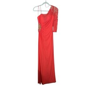 Faviana Glamour One Shoulder Coral Beaded Ruched Evening Gown Dress Size 0